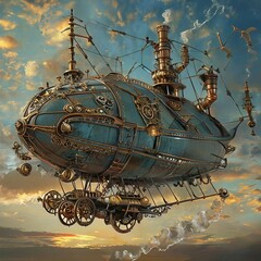 Steampunk Airship Soaring Through a Vibrant Sunset Sky