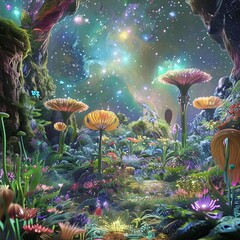 Enchanted Cosmic Garden with Vibrant Flowers and Stars