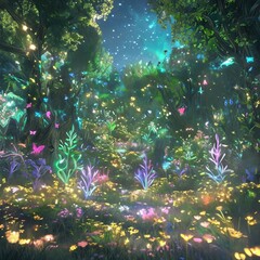 Magical Night in a Colorful Enchanted Fairy Forest