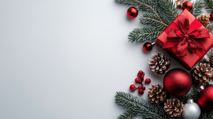 Festive Christmas Decorations with Red Gift Box and Ornaments