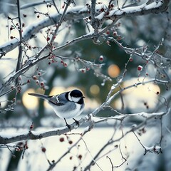 Bird Perched on Snowy Branch in Winter Wonderland