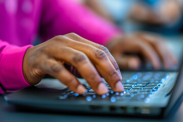 Close-up of Black woman in pink typing on laptop, concept of digital transformation and lifelong learning