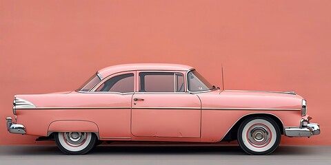 Classic pink car parked against a soft coral background.