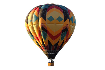 Fototapeta premium A vibrant hot air balloon with striking geometric patterns floats against a clear sky, symbolizing adventure and freedom.
