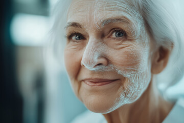 Aged woman in the hi-tech medical clinic, scanning her face for medical procedures. White senior woman with wrinkles on face skin, using advanced skincare technology to stop aging.