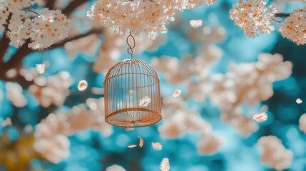 A birdcage hanging from a branch with its door open, feathers gently falling, symbolizing newfound freedom.