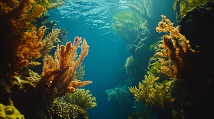 Vibrant coral reef with sunbeams filtering through the water.
