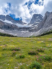 Wildflowers bloom in a lush green meadow at the foot of a majestic mountain range.