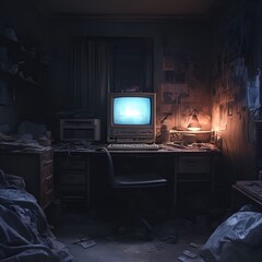 Vintage Computer in an Abandoned Dusty Room with Dim Lighting