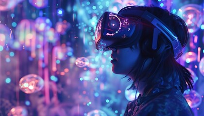 Person with VR Headset Surrounded by Glowing Abstract Shapes