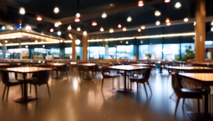 Fototapeta premium Defocused abstract background of an empty food court at night, with chairs stacked on tables and soft ambient lighting creating a calm, serene atmosphere.