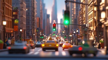 Naklejka premium A busy city street with a traffic signal glowing green, detailed buildings and cars fill the scene.