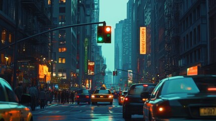 A busy city street with a traffic signal glowing green, detailed buildings and cars fill the scene.