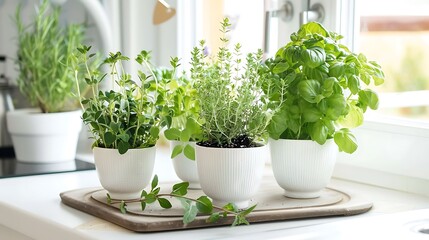 Close-up of fresh herbs growing in white pots on a kitchen windowsill