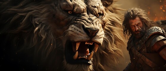 A fierce lion and a warrior stand together in a dramatic, intense scene.