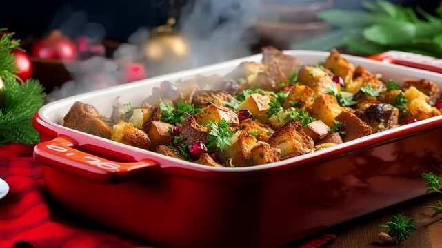 Christmas stuffing with herbs and pomegranate seeds is a festive and flavorful side dish perfect for holiday gatherings