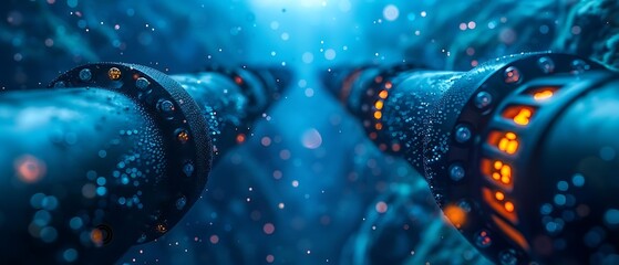 Underwater pipes illuminated with glowing elements, surrounded by bubbles and a blue ambiance.