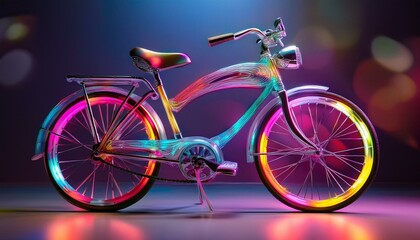 Fototapeta premium A vibrant retro bicycle glowing with neon lights, blending 1950s charm and futuristic allure. Its colorful LED wheels and radiant frame create a captivating, modern masterpiece.