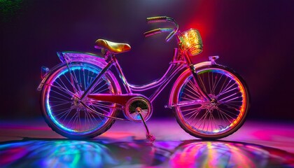 Fototapeta premium A vibrant retro bicycle glowing with neon lights, blending 1950s charm and futuristic allure. Its colorful LED wheels and radiant frame create a captivating, modern masterpiece.