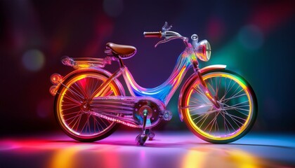 Fototapeta premium A vibrant retro bicycle glowing with neon lights, blending 1950s charm and futuristic allure. Its colorful LED wheels and radiant frame create a captivating, modern masterpiece.