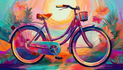 Fototapeta premium A vibrant retro bicycle glowing with neon lights, blending 1950s charm and futuristic allure. Its colorful LED wheels and radiant frame create a captivating, modern masterpiece.
