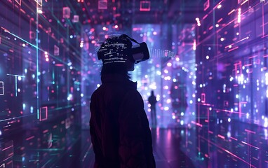Person with VR Headset and Holographic Elements in Dark Room