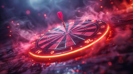 A dartboard illuminated with neon lights and a dart hitting the bullseye amidst smoky effects.