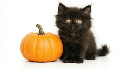 Long-haired black kitten with pumpkin on a white background