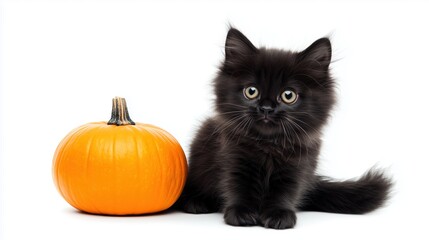 Long-haired black kitten with pumpkin on a white background