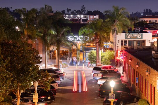 Fullerton, California, USA - September 28, 2024: Twilight descends on the SOCO nightlife district of restaurants and bars.