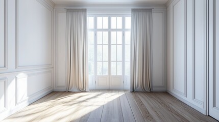 Minimalist empty living room with large window and pink curtain interior