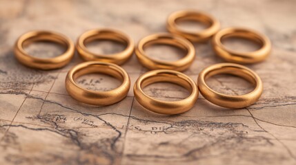Golden Rings on Vintage Map Background
