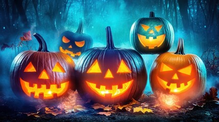 Fototapeta premium A dark forest path lined with jack-o'-lanterns, their eerie faces glowing as mist rises from the ground in the distance.