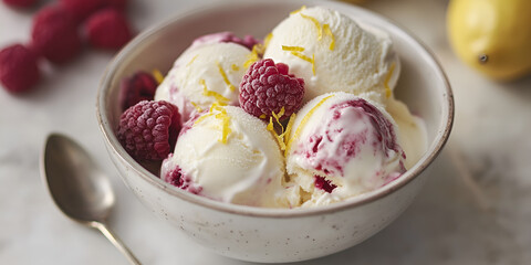 a bowl of raspberry ice cream, which is a creamy and red dessert.
