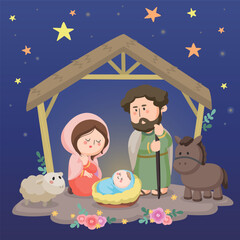 Cartoon Christmas Eve illustration. The Holy Child, Mary and Joseph in the manger. Children's Bible story. Jesus Christ and the Holy Family.