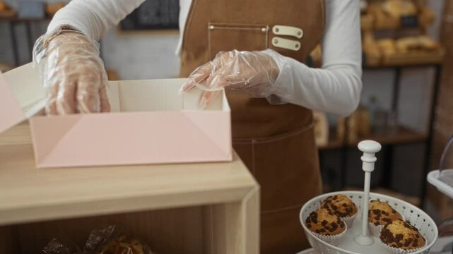 Woman at a bakery packaging muffins into a pink box using gloved hands, captured in an indoor shop setting displaying various baked goods providing a cozy, inviting atmosphere