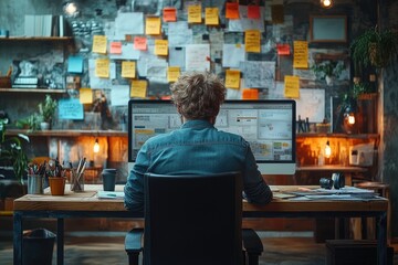 Focused Professional in a Modern Office Surrounded by Papers and a Coffee Mug at His Desk