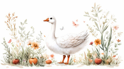 Watercolor illustrations from the collection depicting a cute goose surrounded by flowers, grass, carrots, apples, trees highlighted on a white background. Fairy Tale Creature. Illustration