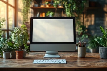 Modern Desktop Computer Mockup on Sleek Studio Office Table with Clean White Screen Display