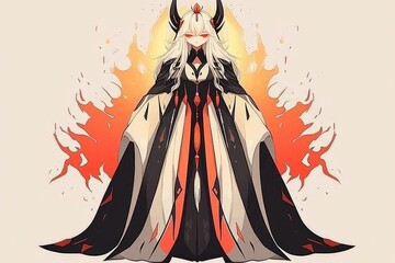Anime Woman in Red and Black Robe with Flames