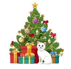 Christmas gifts under the tree with a white cat