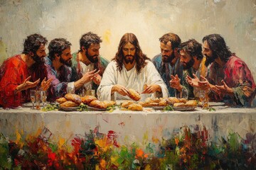 The Last Supper Depicted with Jesus Christ at the Center Sharing Bread and Fellowship