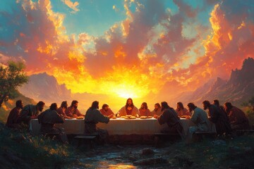 The Last Supper Depicted with Jesus Christ at the Center Sharing Bread and Fellowship