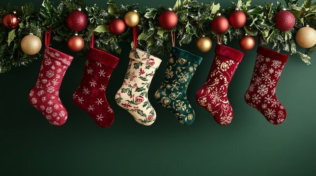 Colorful Christmas stockings on green background