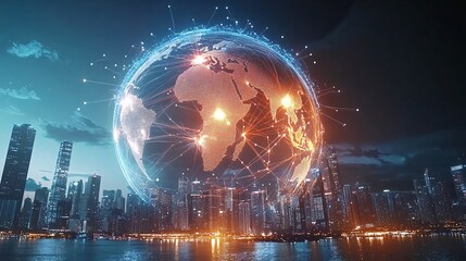 Digital globe over futuristic cityscape