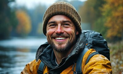 Smiling fisherman in a cozy hat by a serene river.