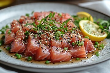 Elegant Presentation of Thinly Sliced Tuna Garnished with Sesame Seeds on a White Plate
