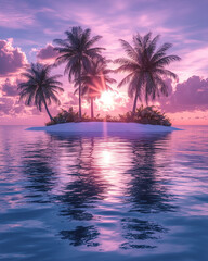 Beautiful white island in the pacific with palms, violet sunset, sea is azure blue