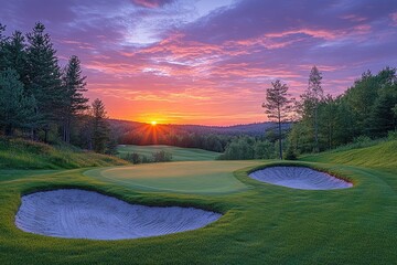 Serene Sunrise Over a Scenic Golf Course Surrounded by Woods and Winding Sand Bunkers
