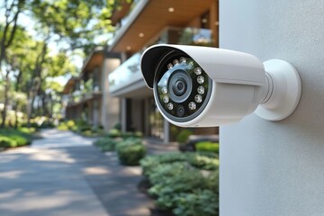 White Security Camera Monitors Home Surrounded by Lush Trees and Bushes in Peaceful Neighborhood